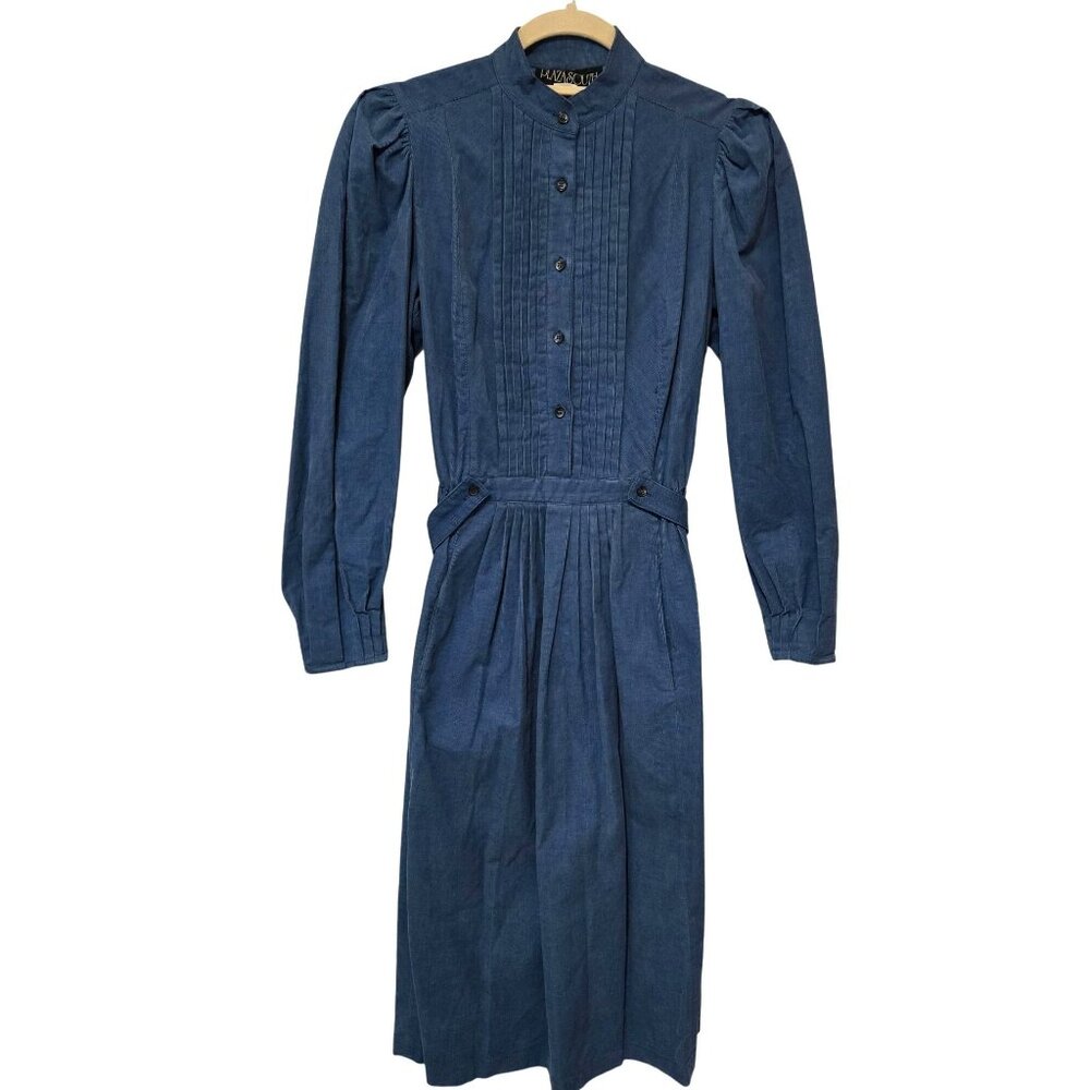 Vintage Plaza South Cottage Core Blue Cotton Midi Dress Puff Sleeves Size 6 90's